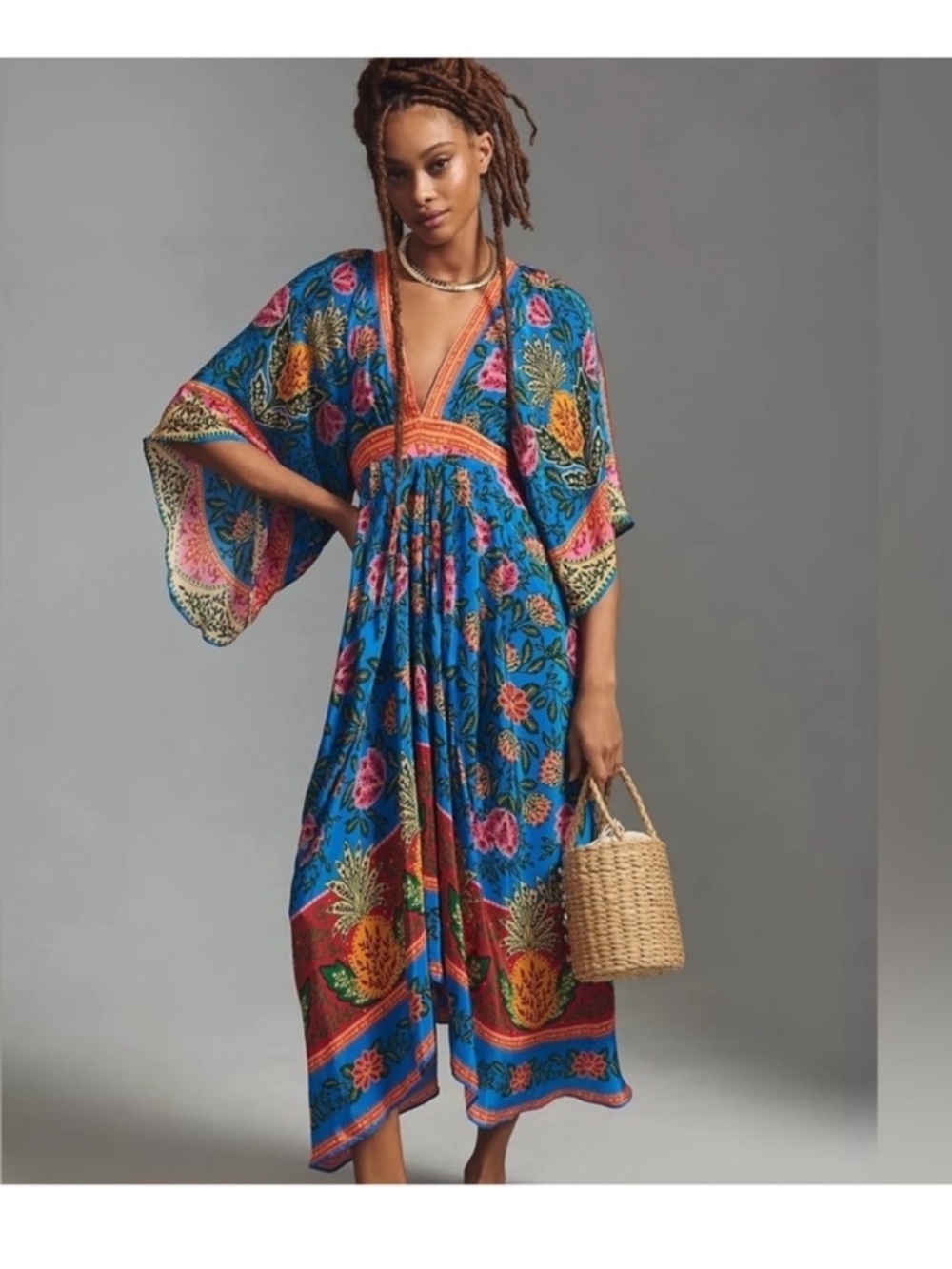 FARM Rio Bright Blue Pineapple Garden Midi Dress NWT